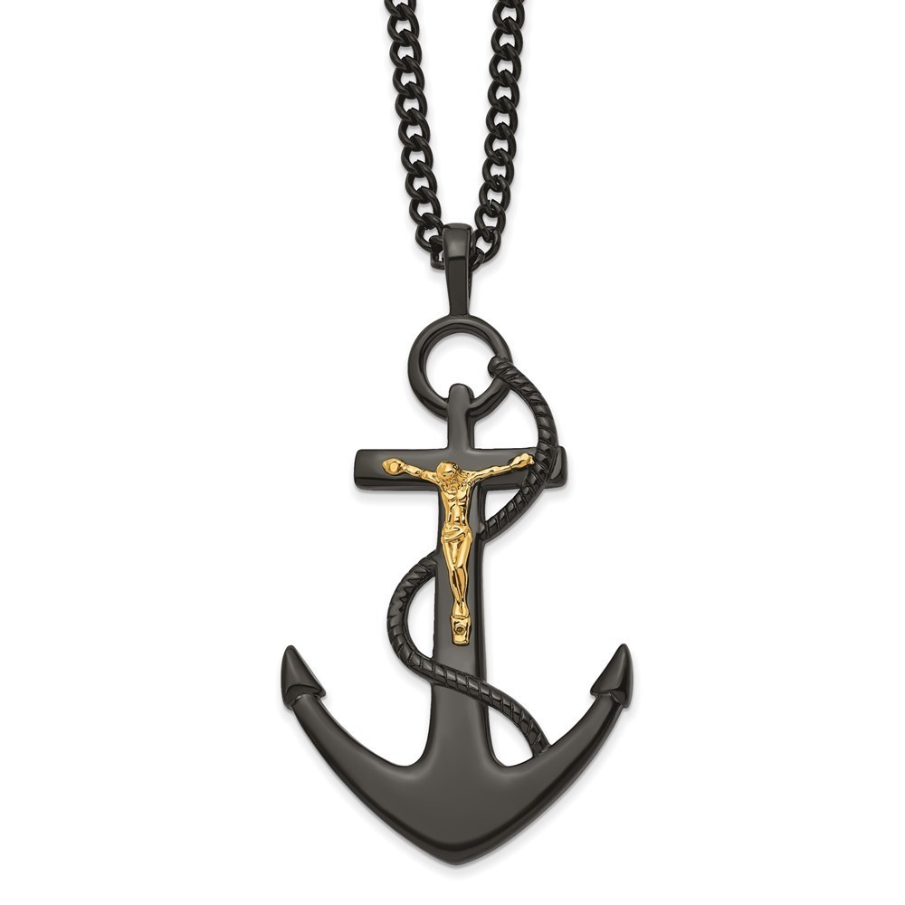 Chisel Stainless Steel Black and Yellow IP-plated Crucifix Anchor Necklace